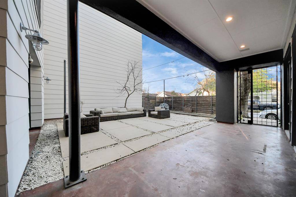 secured covered patio overlooking courtyard