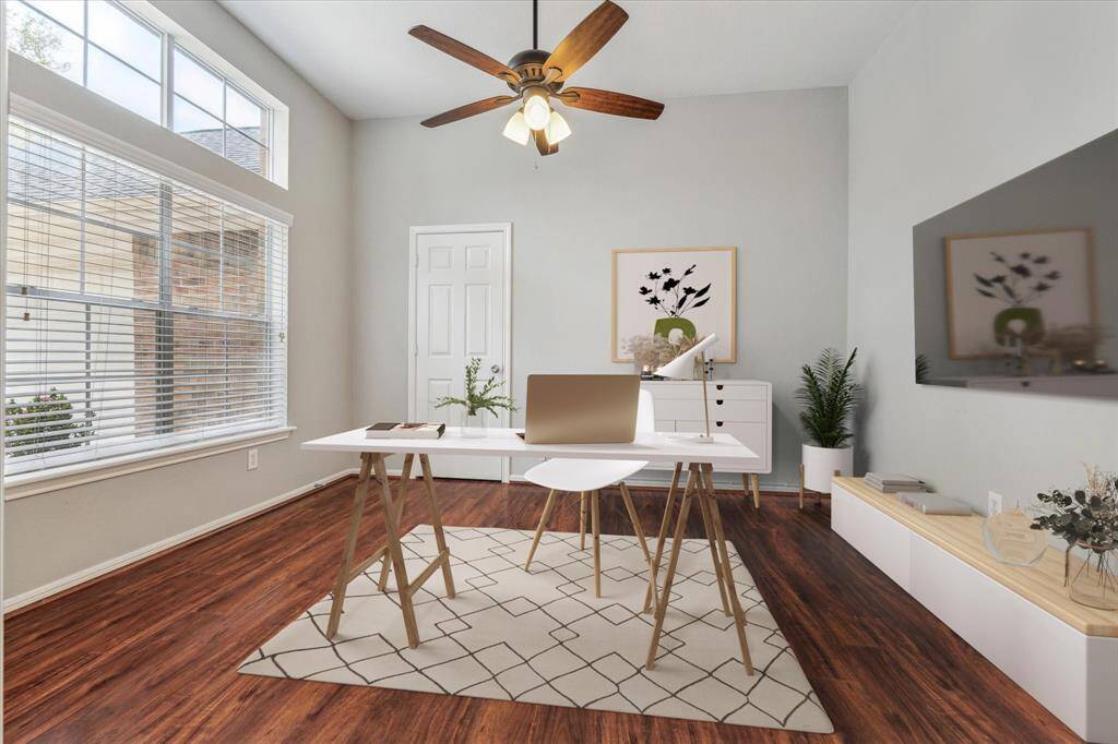 Upon entry you are greeted by the 4th Bedroom (that has been virtually staged here as a Study) on the left and the Dining Room on the right.