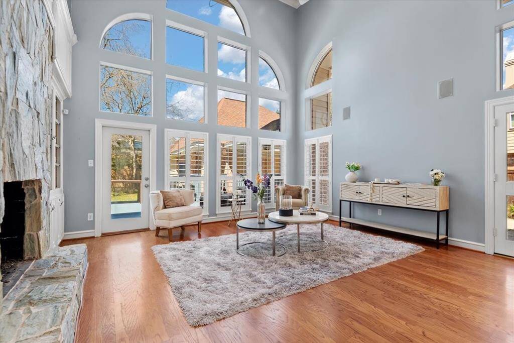 Amazing windows are the backdrop to this inviting family room.