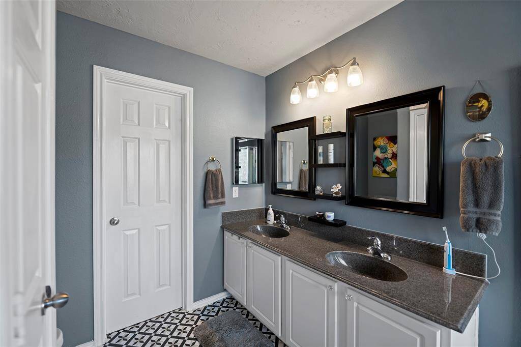 The Primary bathroom features a modern double vanity with dark countertops and white cabinetry. It includes dual mirrors with sleek frames, ample lighting, and is accented by a stylish patterned floor.
