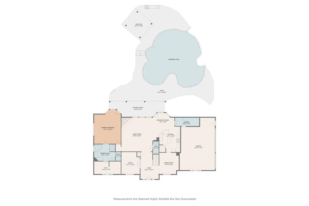 Main level floor plan with dimensions.  Poola area also included.