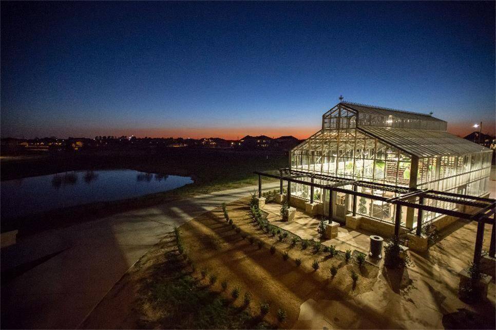 Night aerial view of The Conservatory which lets you see what it could look like while attending an event there like Wine Nights or The Oaks' extended dining room events. Beautiful space.
