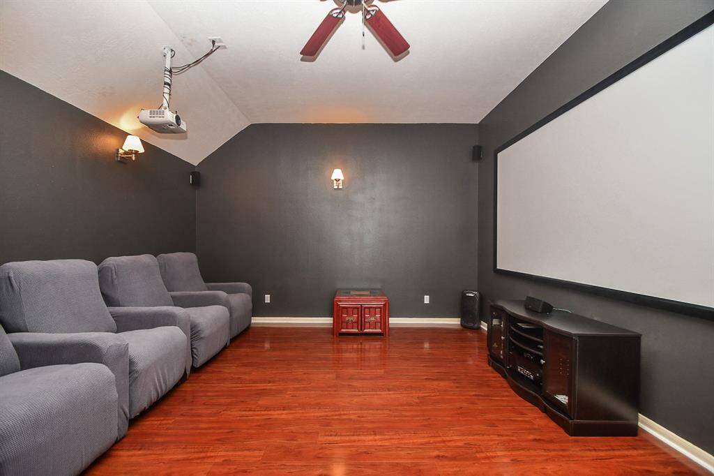 Alongside the game room is a large media room prewired for speakers and projector. The wall can accommodate a large screen resulting in a theater experience at home.