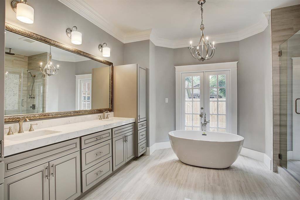 Soaking tub in primary bedroom