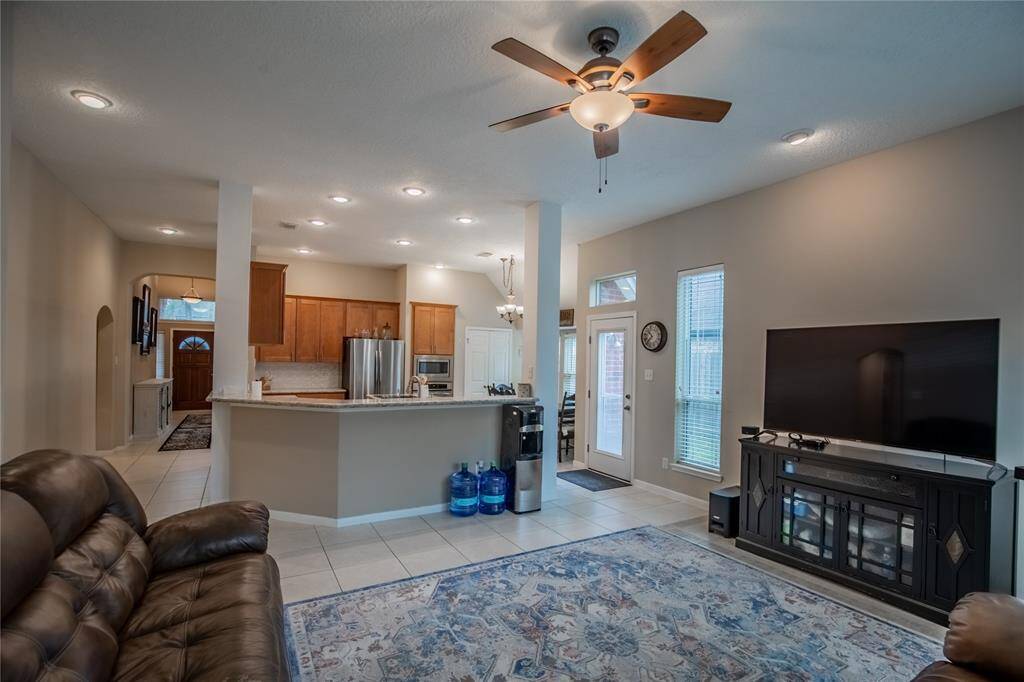 Kitchen opens to den
