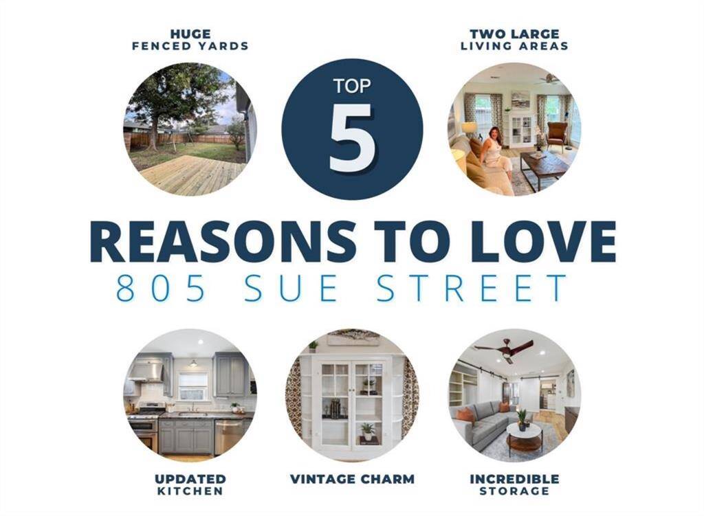 Need a reason to love 805 Sue Street, here are five! Huge fenced front and back yards, two large living areas, beautiful updated kitchen, incredible storage and vintage charm!