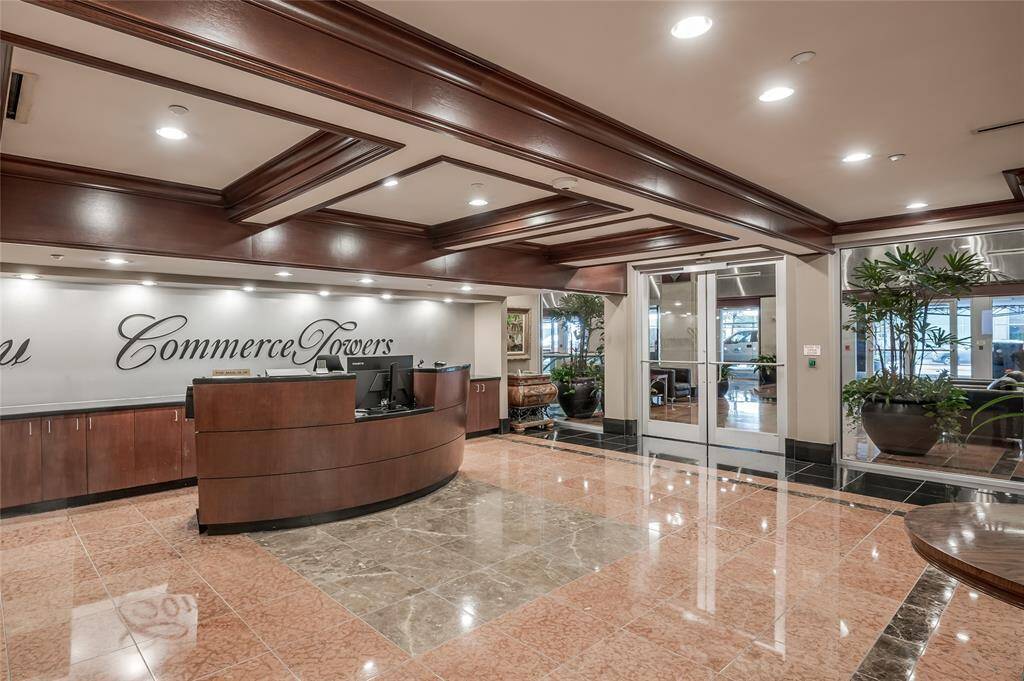 Commerce Towers Resident's Lobby is entered through secured access. All guests must check in with concierge to be announced and approved to go up to units. The lobby level also has mailroom & package area.