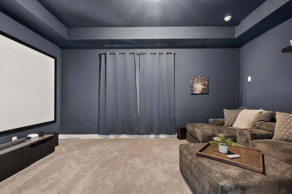 Media room has windows behind coverings