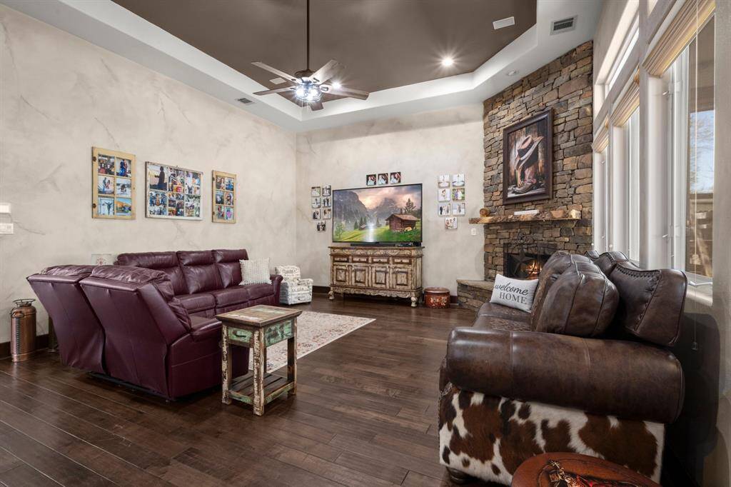 Family room with beautiful fireplace.
