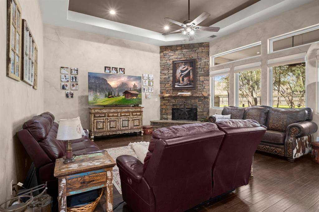 Living room with beautiful fireplace.