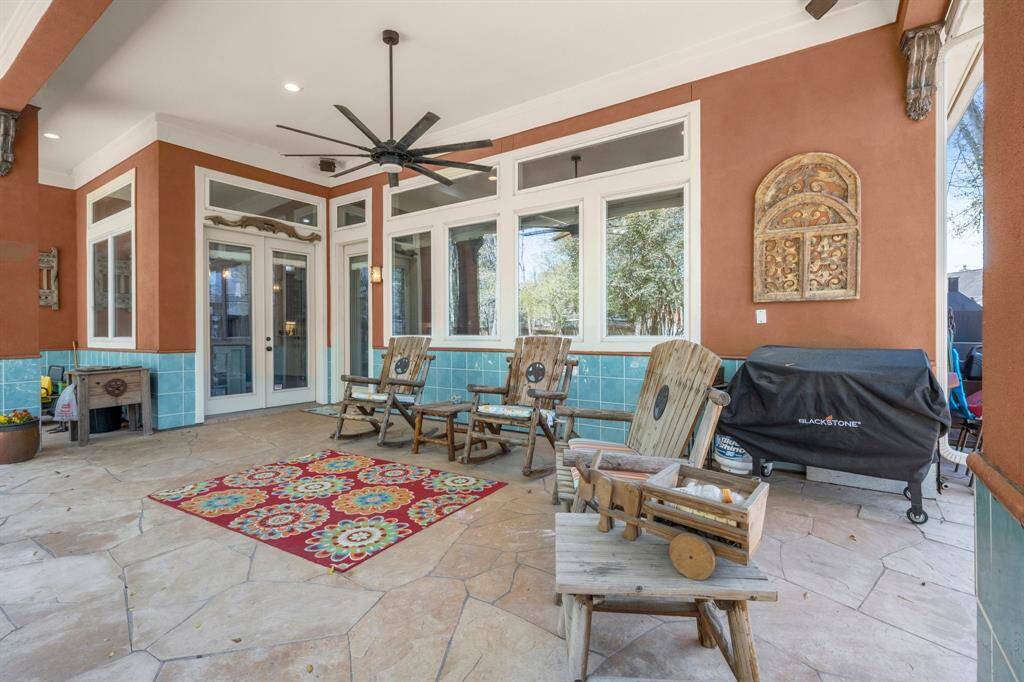 Large covered back patio facing beautiful back yard.