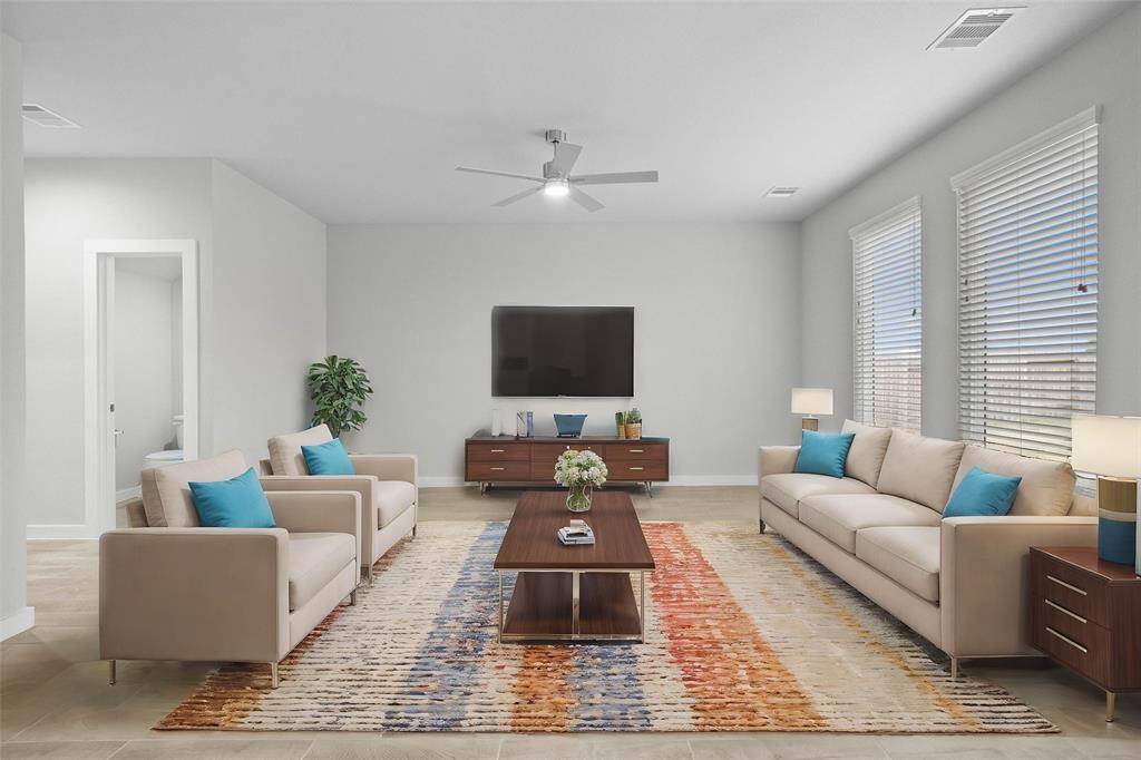 This family room is a perfect room! Featuring custom paint, high ceilings, ceiling fan, and windows with privacy blinds providing natural light into this beautiful room.