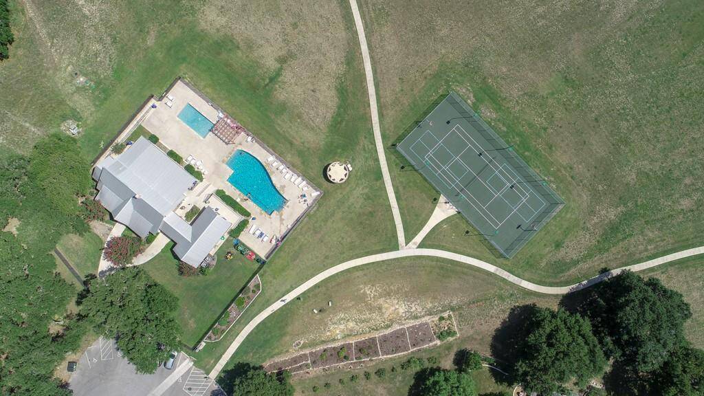 Aerial of River Chase Subdivision Clubhouse, Tennis Courts and Community Pool.