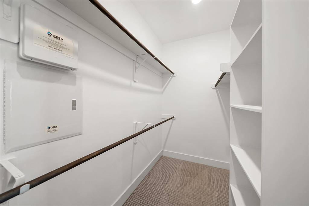 Need closet space? The spacious walk-in closet with recessed lighting & patterned carpet includes double-hung wardrobe storage rods & plenty of shelf storage.