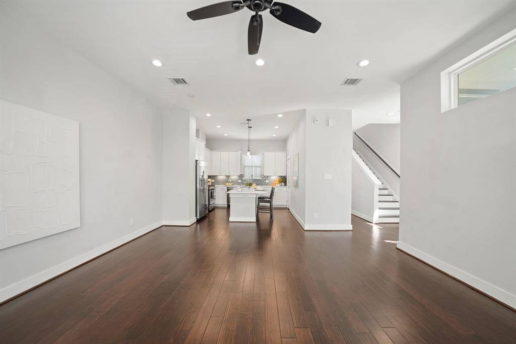 A view of the kitchen from the living room.