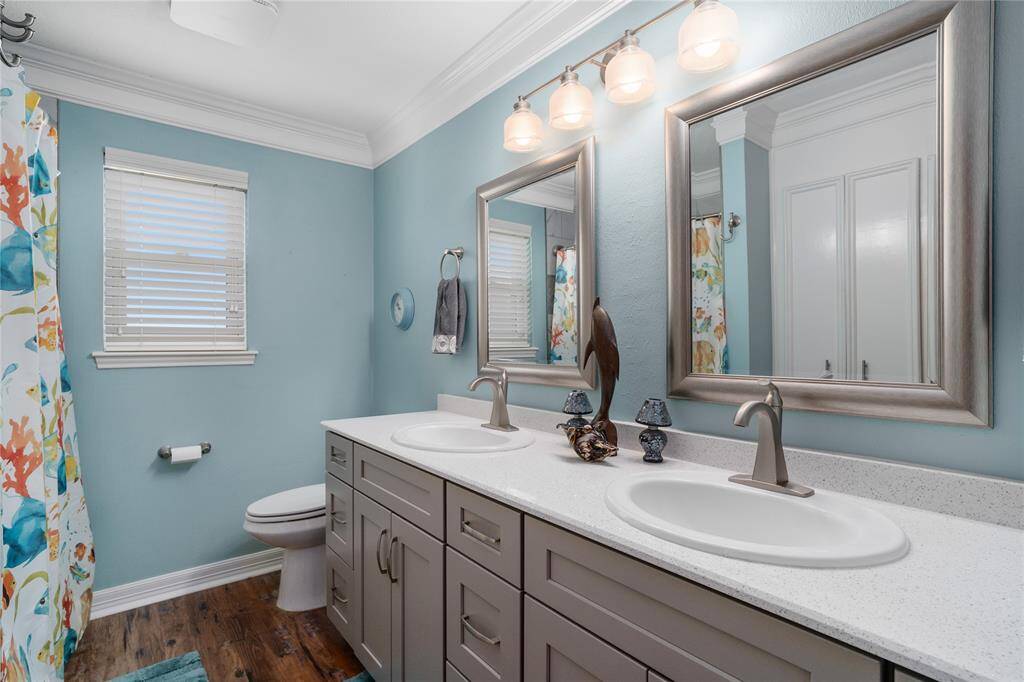 Beautiful primary bathroom with double sinks.