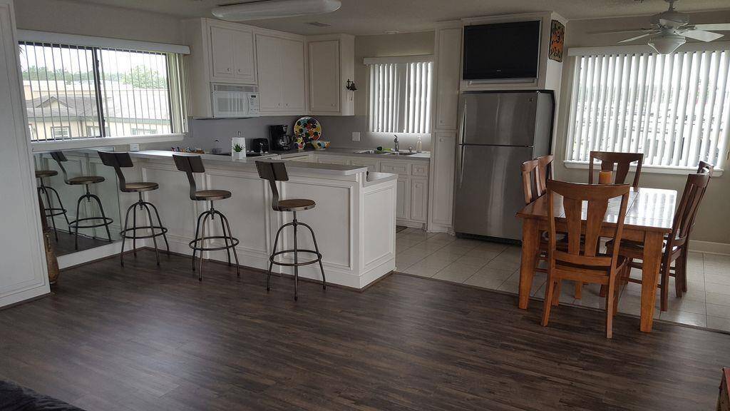 The kitchen and dining area has great views of the lake