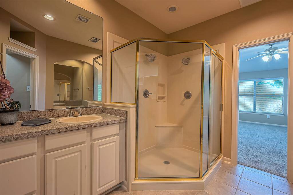 This bathroom features a spacious glass-enclosed shower with dual showerheads, a large vanity with ample counter space and storage, and an adjacent carpeted bedroom with large windows for natural light.