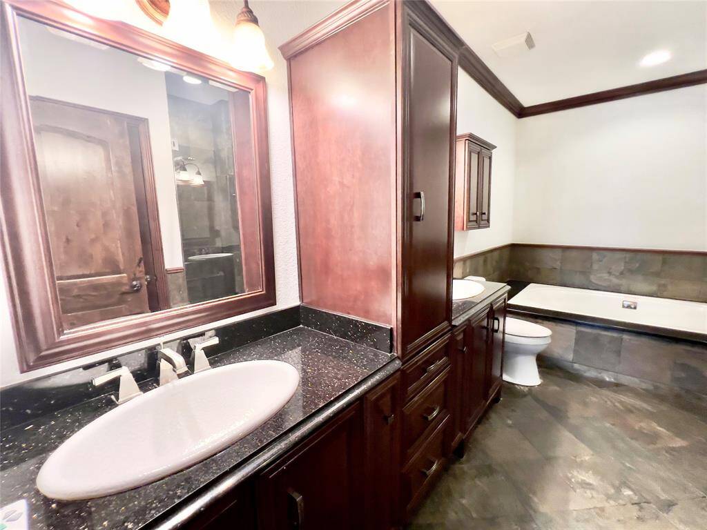 This is a spacious bathroom featuring a large vanity with a dark granite countertop and a dual sink, dark wood cabinetry, a wide mirror, a toilet, and a separate bathtub with a tiled surround. It has a cohesive color scheme with dark tones and ample lighting.