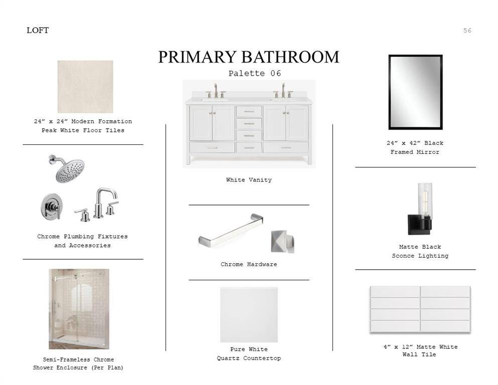 Loft Look Palette 6: Primary Bathroom Selection Sheet (*Artist rendering used for illustration purposes only.)