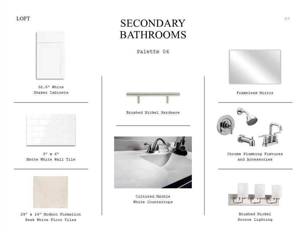 Loft Look Palette 6: Secondary Bathrooms Selection Sheet (*Artist rendering used for illustration purposes only.)