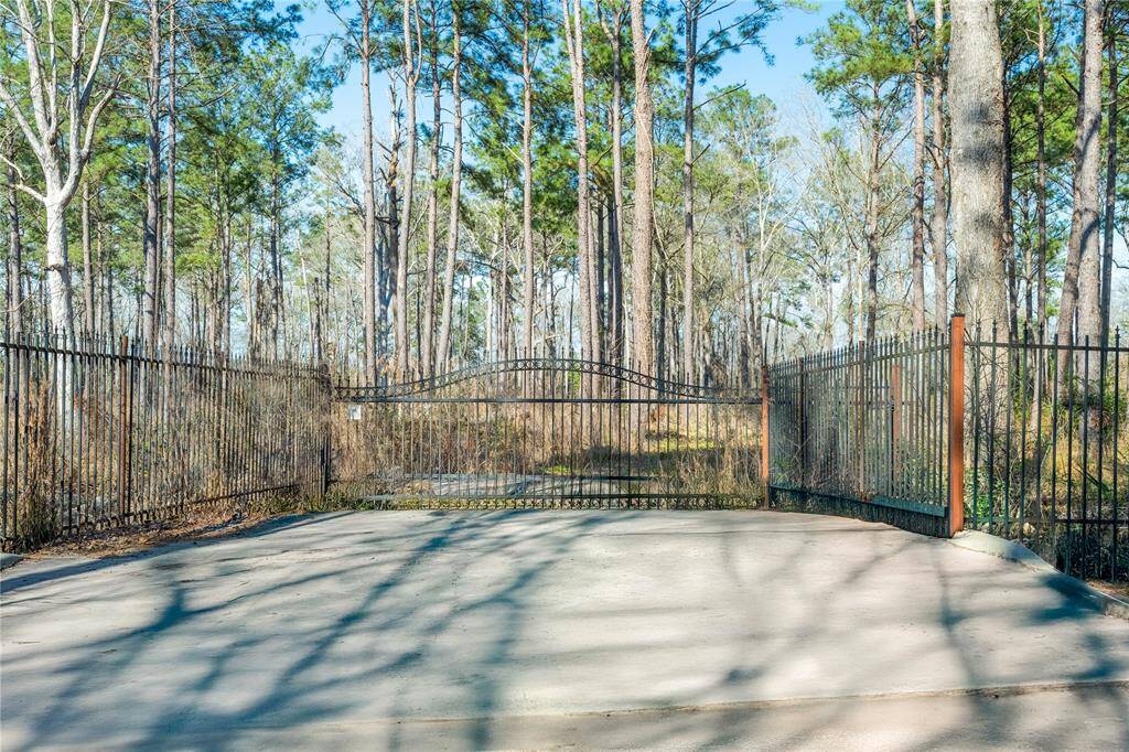 A paved driveway leads to a secure metal gate, surrounded by tall trees, providing a private and secluded entrance to the property.