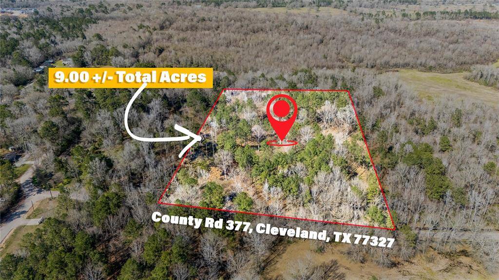 This aerial photo shows a 9-acre wooded lot outlined in red, located along County Rd 377 in Cleveland, TX 77327. Ideal for privacy and nature lovers.