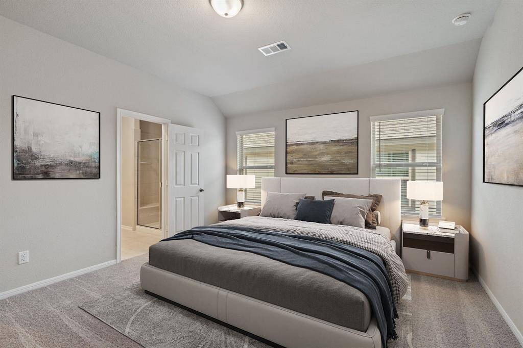 The primary bedroom is generously sized, creating a tranquil and spacious retreat that offers ample room for relaxation. Featuring plush carpet, high ceilings, fresh paint, and large windows that lets in natural lighting throughout the day. Photo is virtually staged