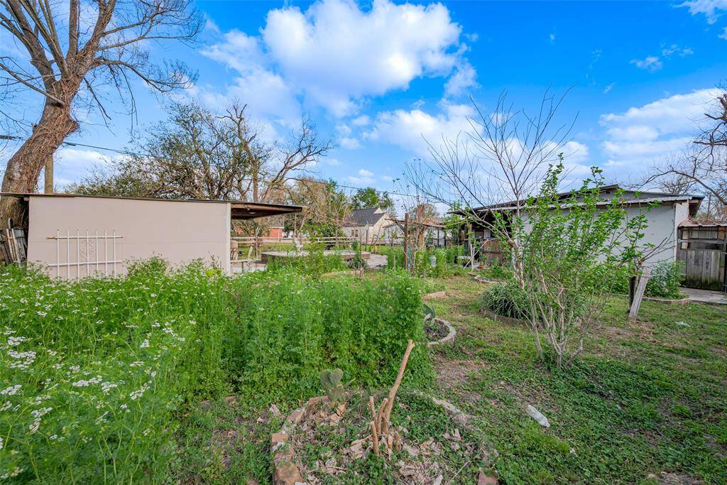 The backyard features a thriving garden enclosed by fencing, offering a vibrant selection of fresh herbs and a touch of greenery.