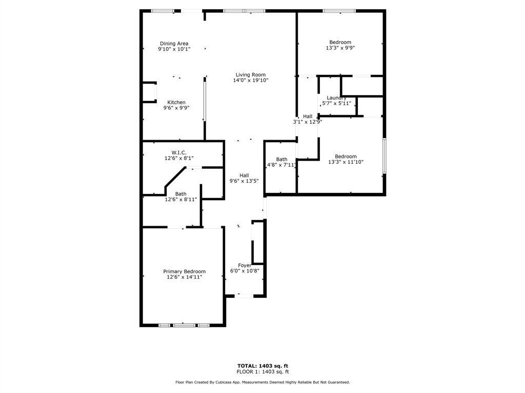 This floor plan showcases a 1,403 sq ft home with three bedrooms and two bathrooms. It includes a spacious living room, a dining area adjacent to the kitchen, a primary bedroom with a walk-in closet, and a laundry room. The layout is open and functional, ideal for comfortable living.
