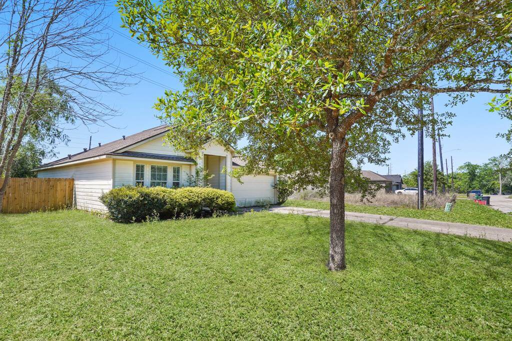 Charming single-story home with a welcoming front yard featuring a large tree and well-maintained lawn. The house has a light exterior, a fenced side yard, and a driveway.