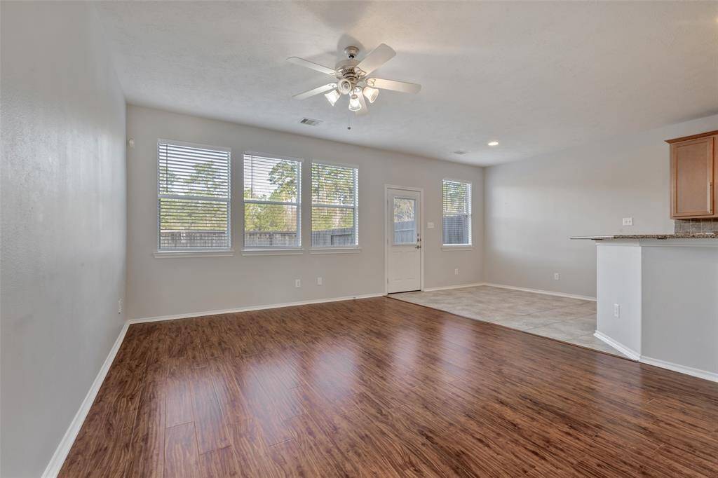 Living area with wood like flooring