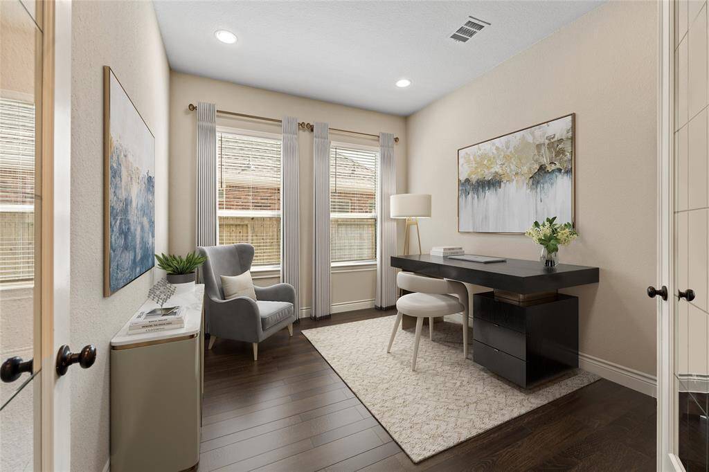 Home office with double glass doors. Virtually Staged.