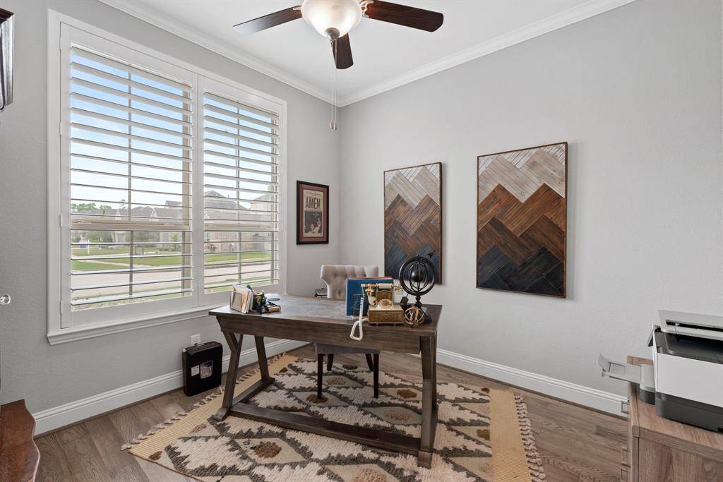 Bright and elegant home office. Work in style and comfort in this beautifully designed home office, located at the front of the home.