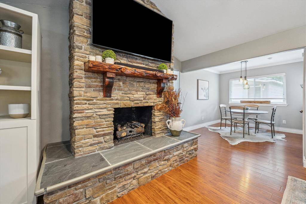 Attractive stone fireplace in the family room.