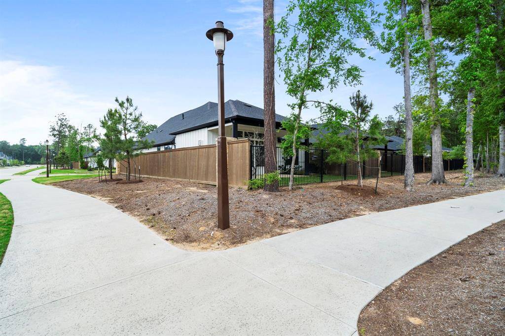 Wrought iron fence lines the backyard