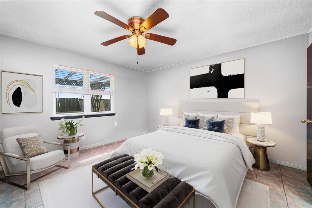Virtually rendered image offering an example of the primary bedroom configuration.