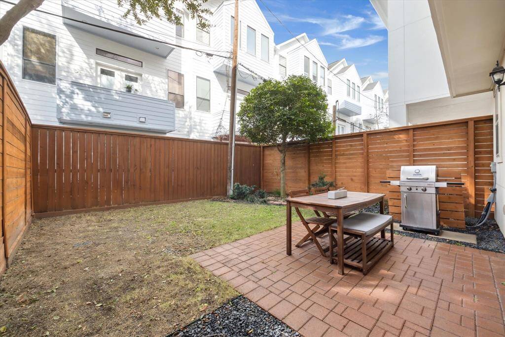 Large backyard - rare find! Nice brick patio and area for a grill. Freshly stained fence. The following photo shows how easily the yard could be transformed if turfed.