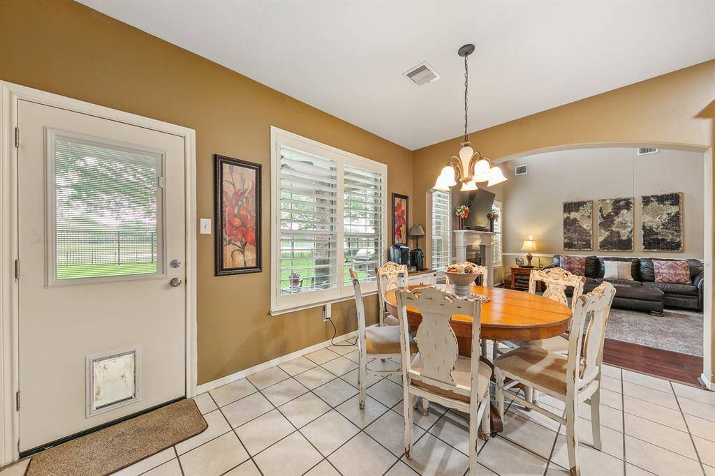 Sweet breakfast area accommodates a large table and is the perfect place to sit and appreciate the pretty backyard and lake views.