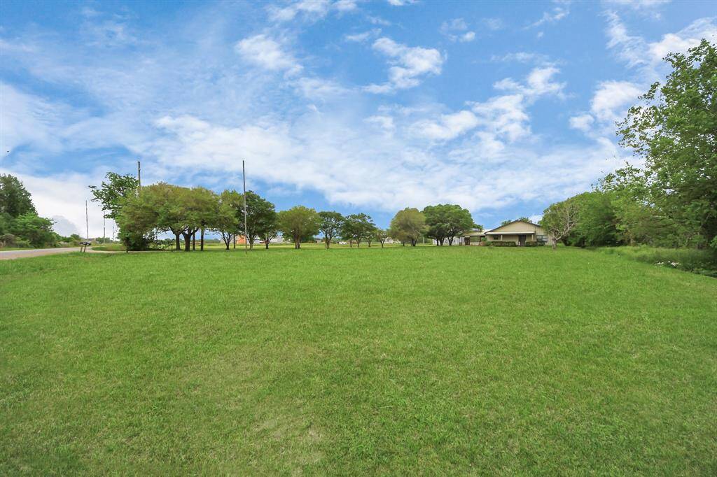 Expansive green lawn with scattered trees leading to a single-story house. Offers a peaceful, open setting with a clear blue sky above. Ideal for those seeking space and tranquility.