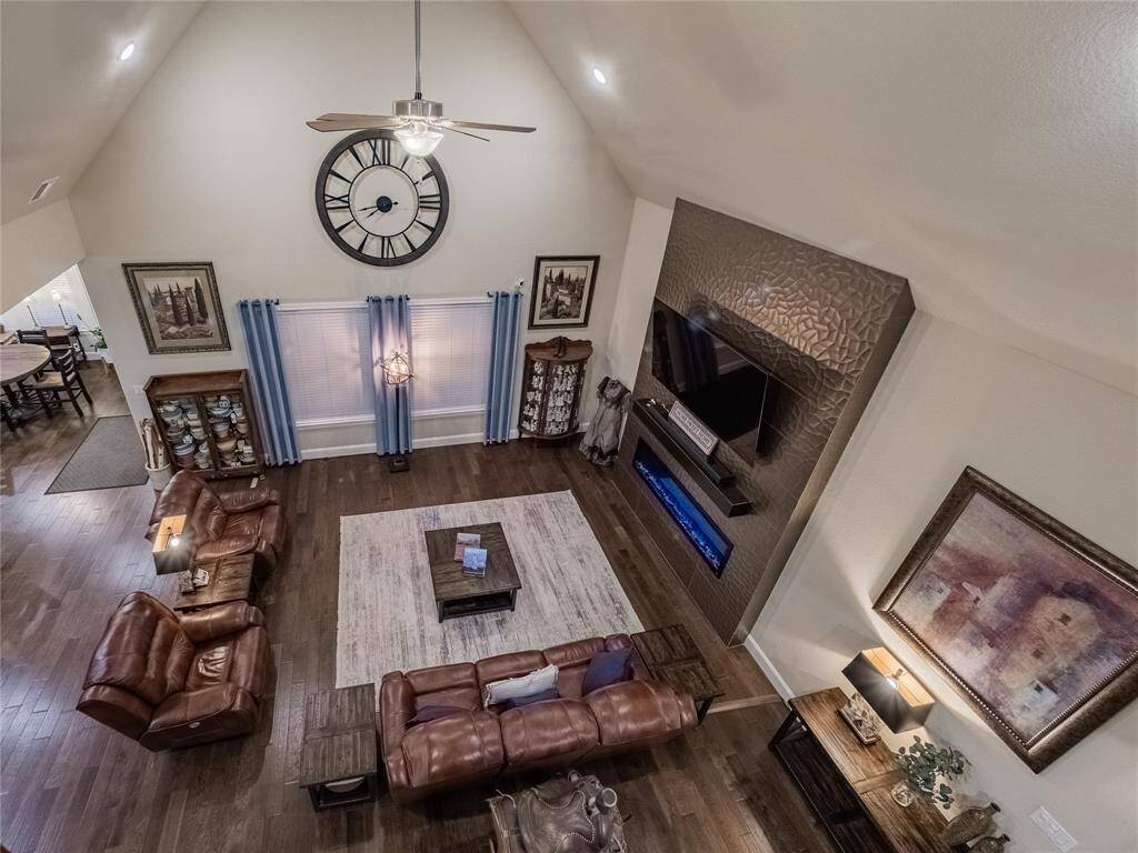 looking down over the family room from the game room