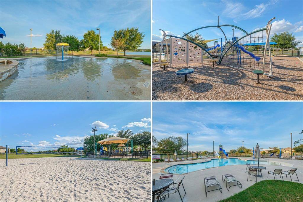 A sampling of just a few of the many amenities LOBT has to offer! Top Left: This splash pad / wading pool is the perfect place to keep the kids cool on hot summer days. The lakeview is an added bonus! Bottom Left: Sand volleyball court outside of the main pool & recreation center. Top Right: One of the playgrounds fully fenced in for kids of all ages! Bottom Right: Here is the smaller of 2 neighborhood pools, this one has two water slides!