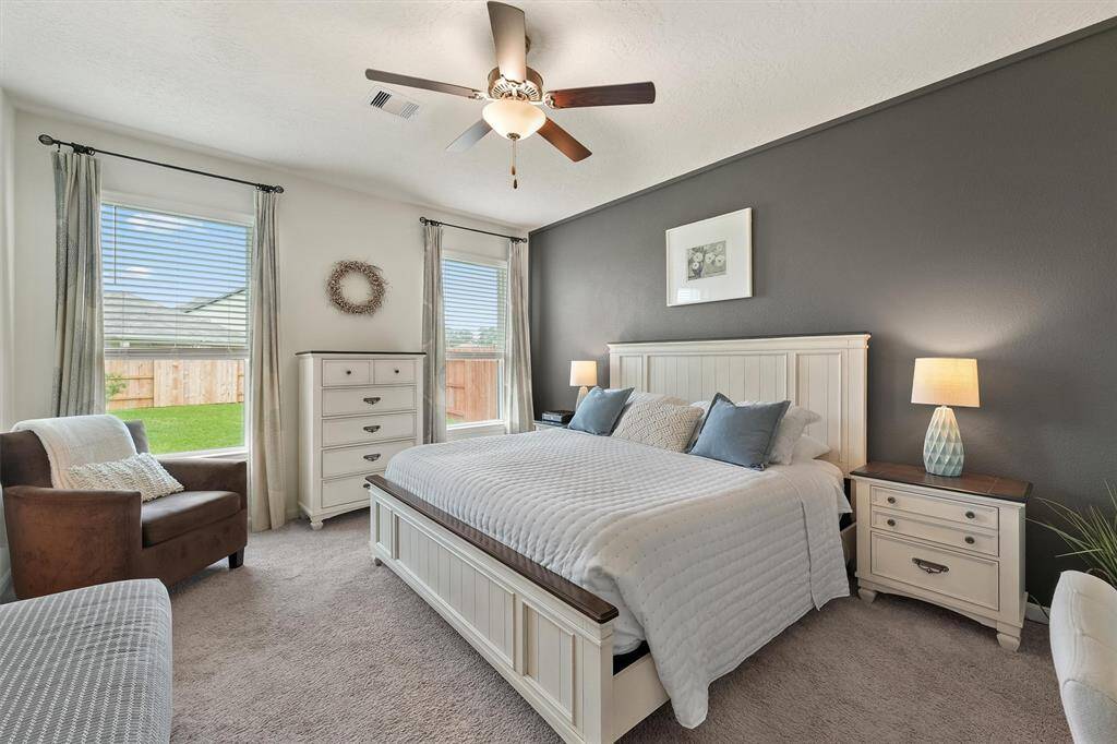 Generous primary suite with plush carpeting and walk-in closet.