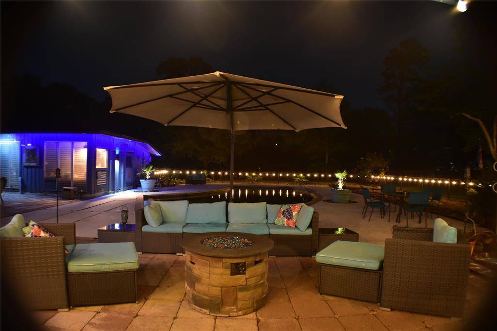 Lights at night around the pool