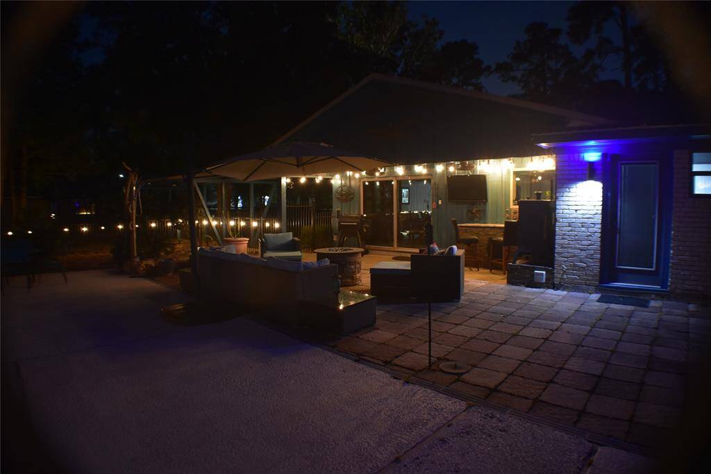 Back patio lit up at night!