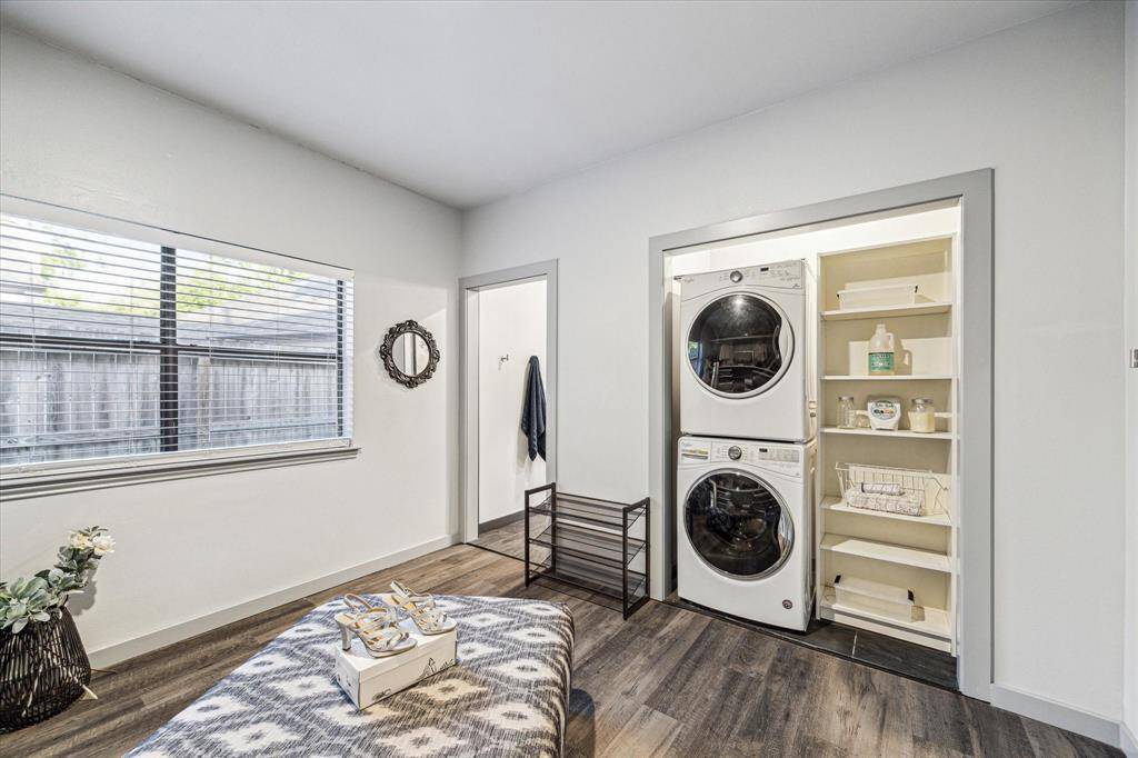 Washer and dryer are located in the primary closet.