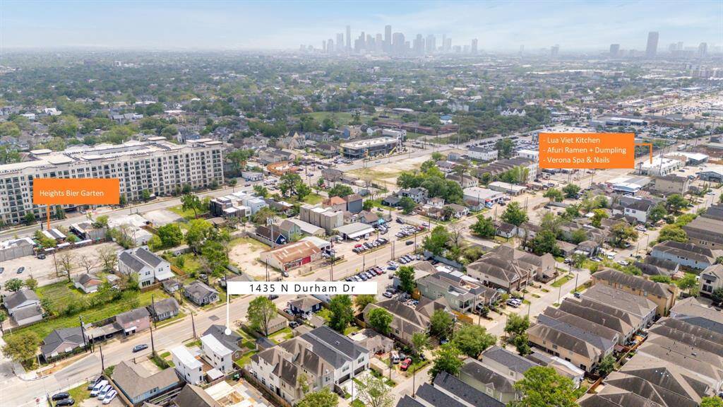 Neighborhood view from above with restaurants