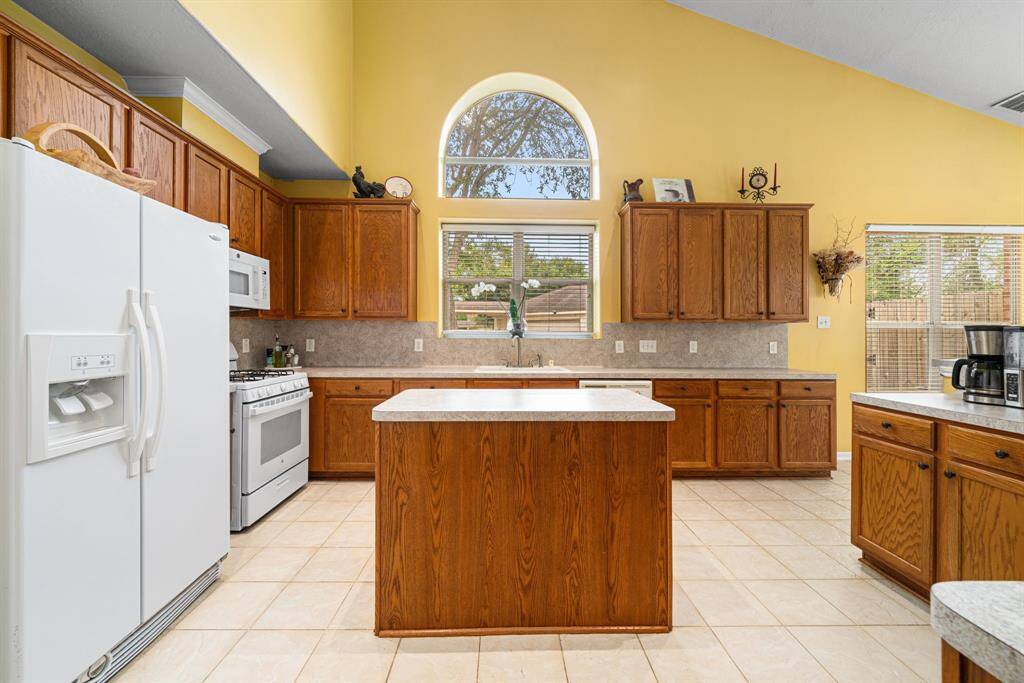 Picturesque window over the kitchen sink and tons of counter space and cabinets