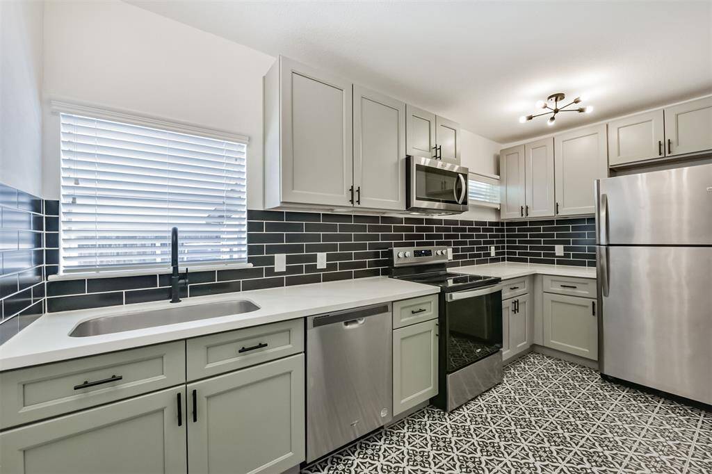 All units have been updated. This kitchen shows the appliances, flooring, backsplash and cabinetry.