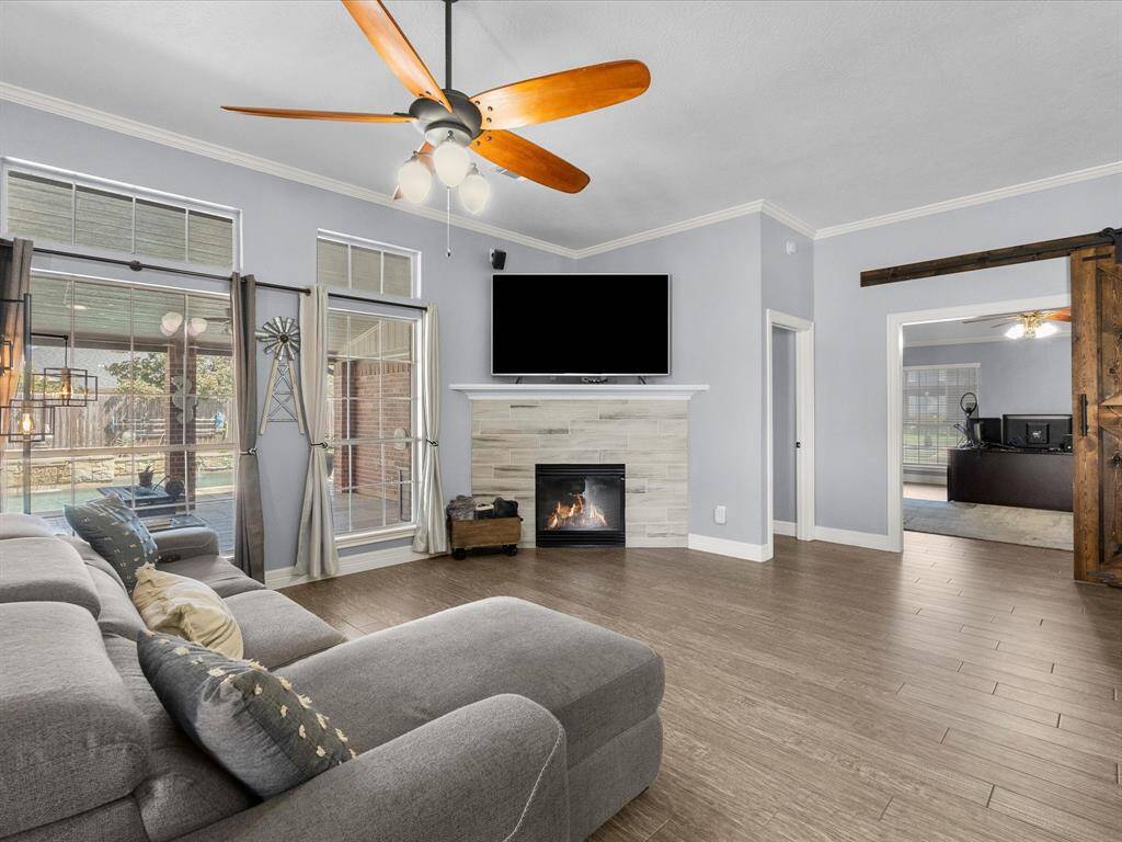 Living space and modern fireplace.